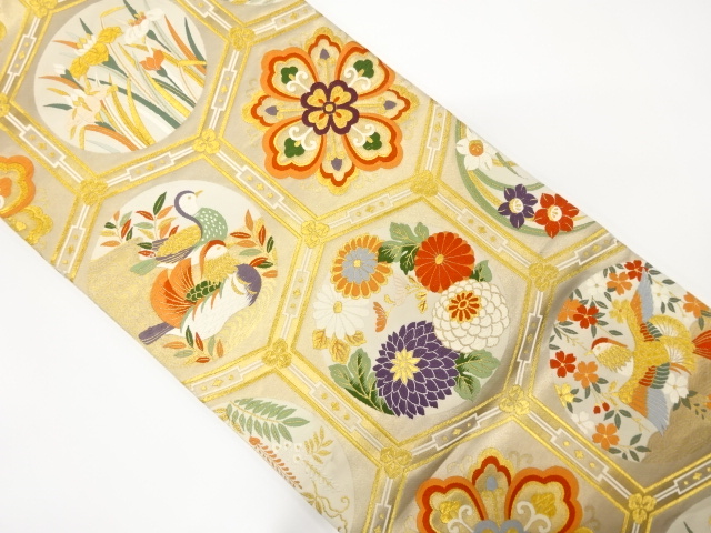 アンティーク　亀甲に華紋・鴛鴦模様織り出し袋帯（材料）